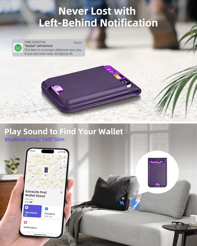 ExtreLife For Magsafe Wallet, Works with Apple Find My, Strongest Magnetic Wallet for iPhone 17/16/15/14/13/12 Series, WalletTracker with Adjustable Stand, 6 Cards Holder, Vegan Leather, Purple - Image 3